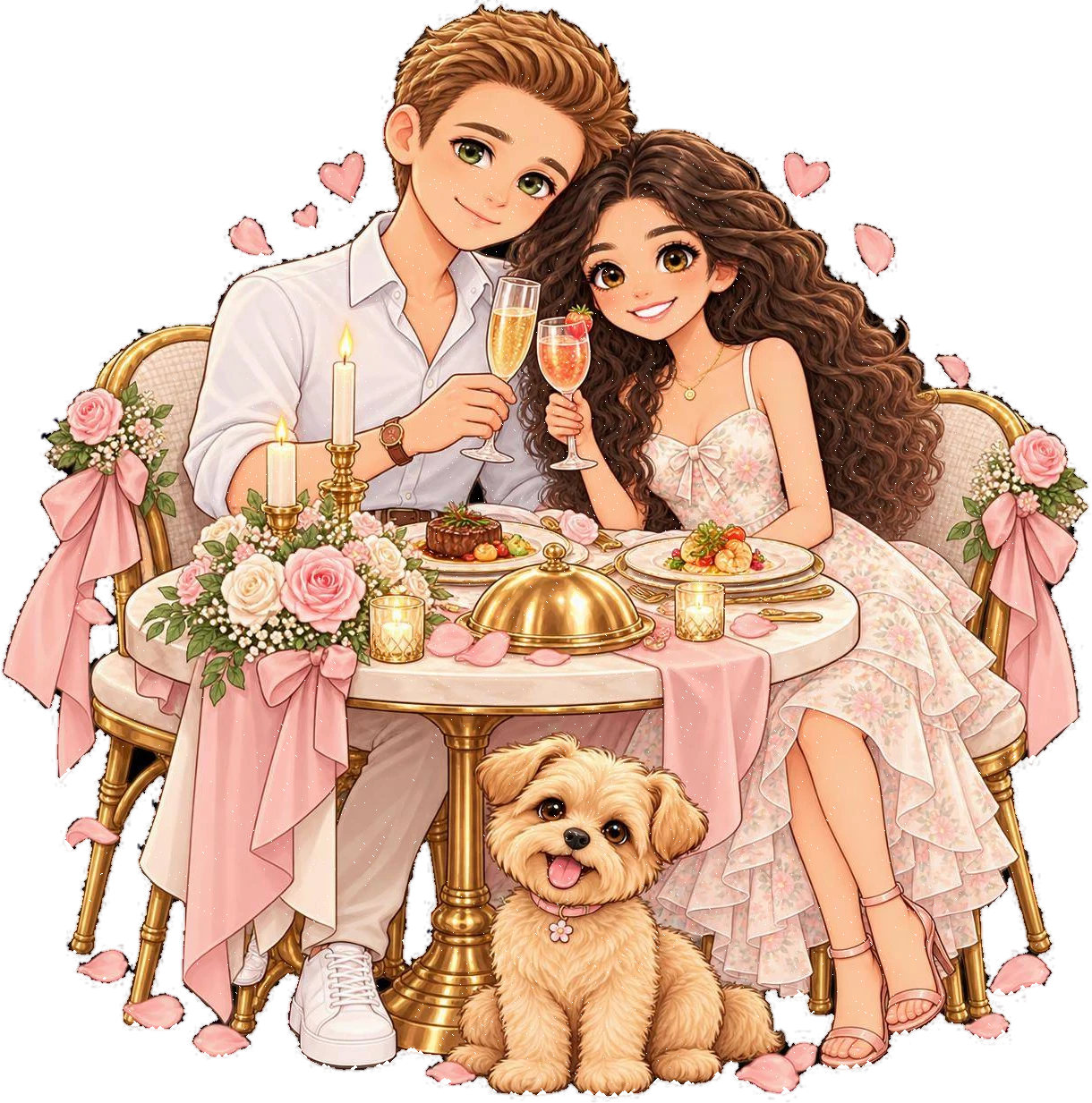 Clara y Alexis brindando en una cena, con Myah